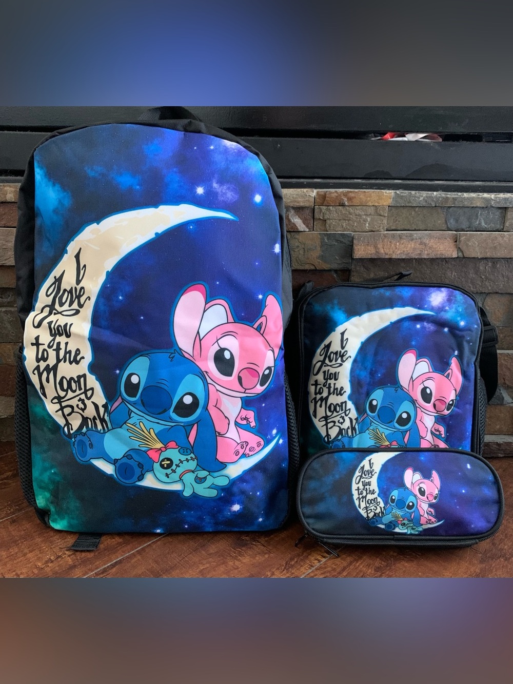 Lilo & Stitch Pink and Blue Kids Backpack Set - I Love You to the Moon Design